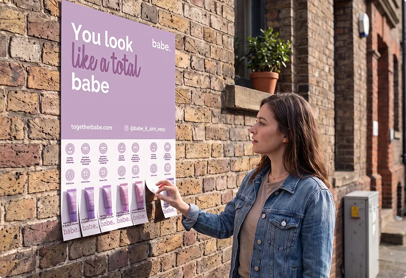 A lavender babe. poster wheat-pasted on a brick wall reading You look like a total babe, with tear-off product tabs along the bottom edge