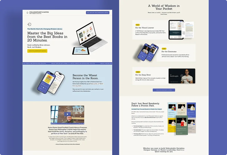 Two Philosopher's Notes web pages side by side — the wisdom-library homepage and a format guide showing the PDF, audio and video versions of each Note
