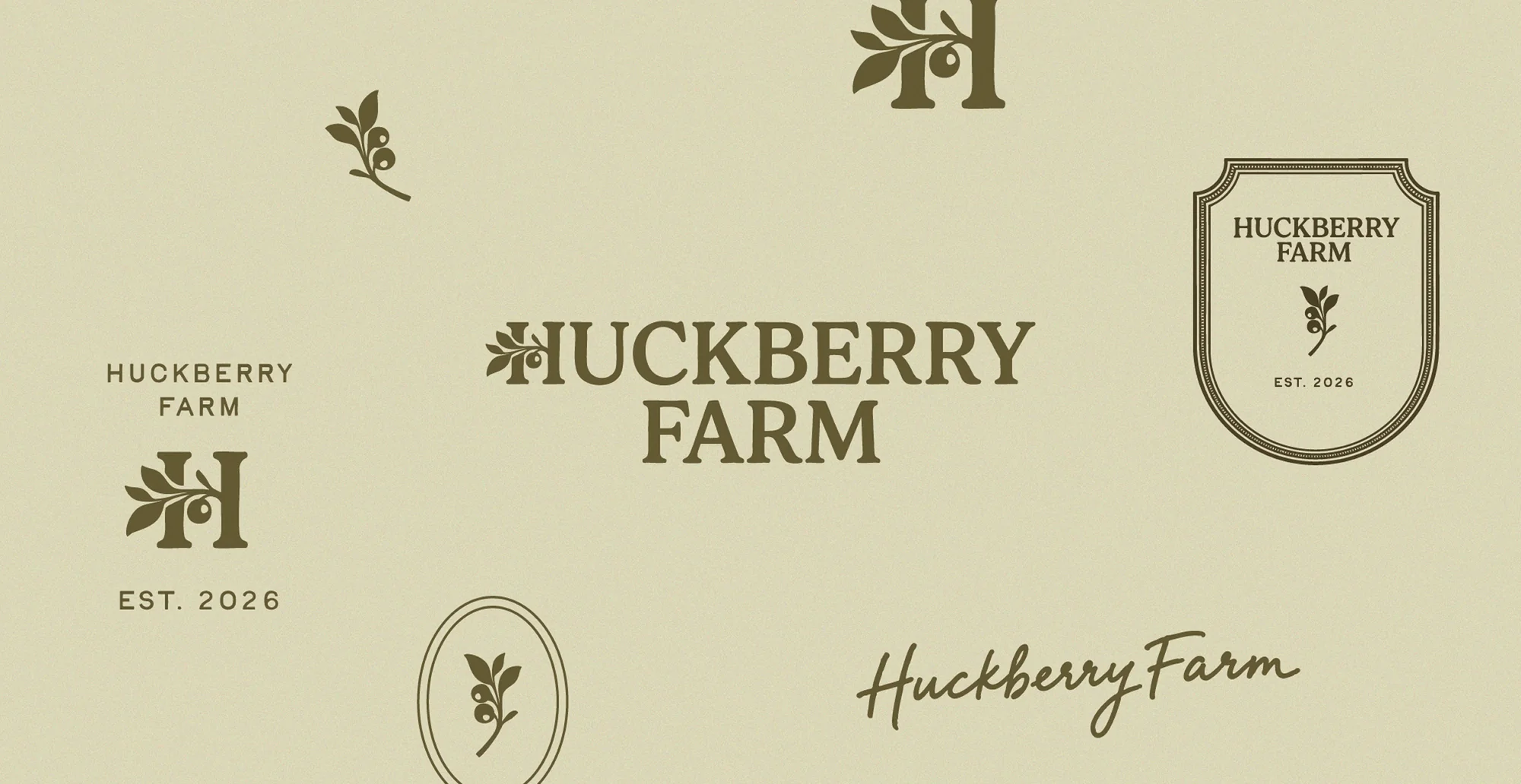 The Huckberry Farm logo system laid out on oat — primary lockup, monogram, shield badge, script and botanical mark