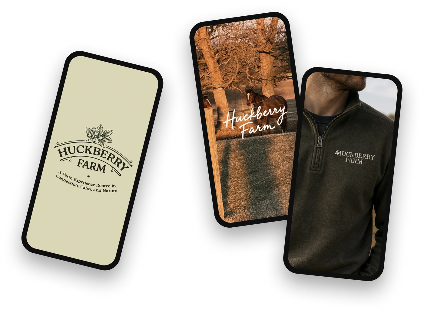 The Huckberry Farm brand on three phones — primary crest, farm photography with the script wordmark, and embroidered apparel