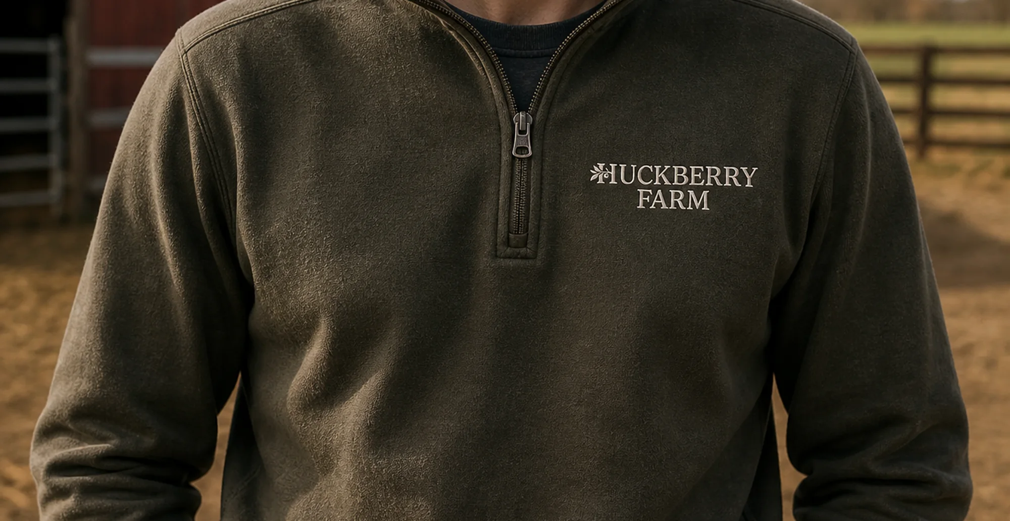 The Huckberry Farm lockup embroidered on a field-olive quarter-zip