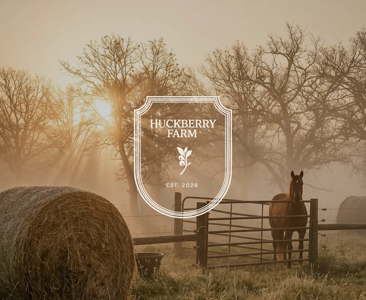 Hay bales and a horse at the gate in morning fog, with the Huckberry Farm shield badge
