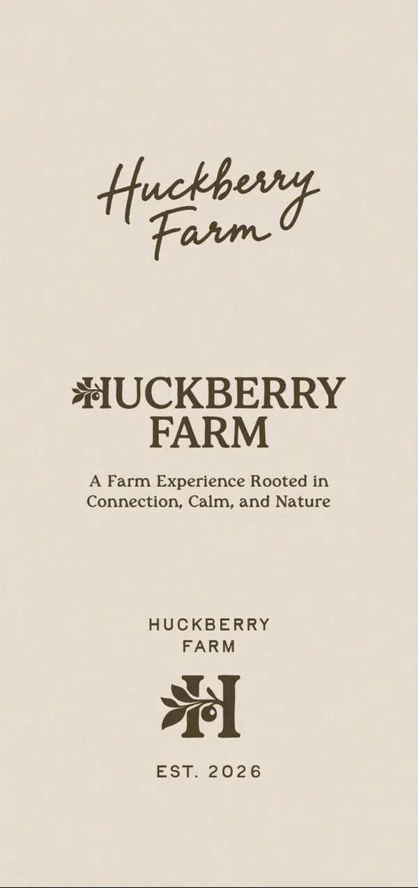 Huckberry Farm logo suite on linen — script wordmark, primary lockup and monogram