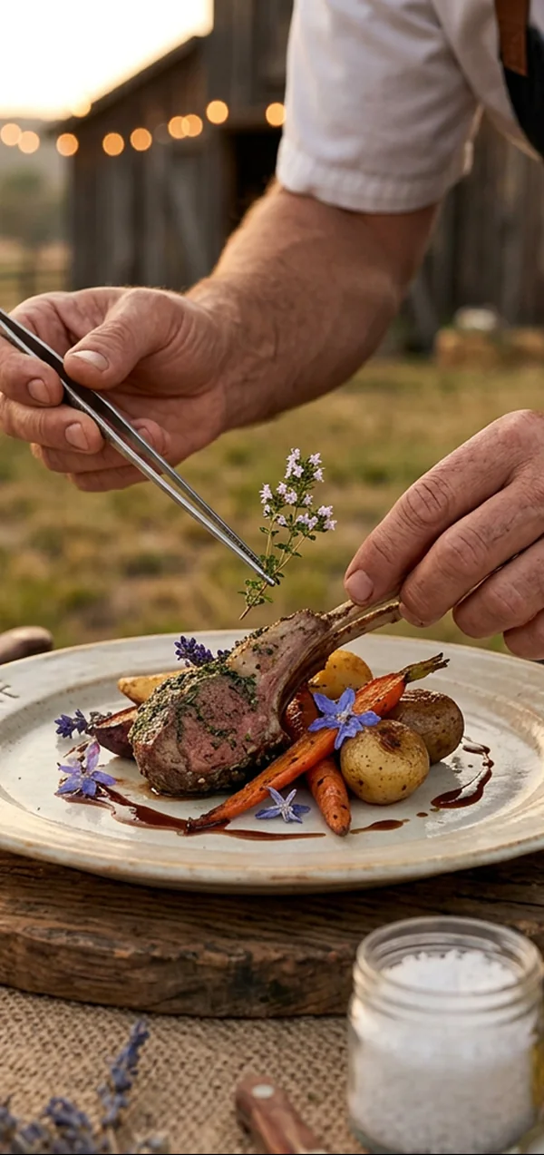 A chef plating a course at a Huckberry Farm dinner