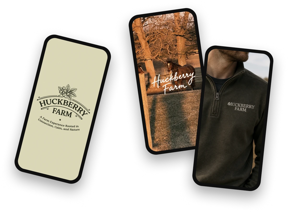 The Huckberry Farm brand on three phones — primary crest, farm photography with the script wordmark, and embroidered apparel