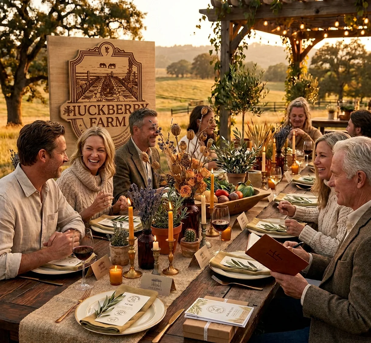 One long table under the pergola at a chef-led dinner, the carved Huckberry Farm sign behind it