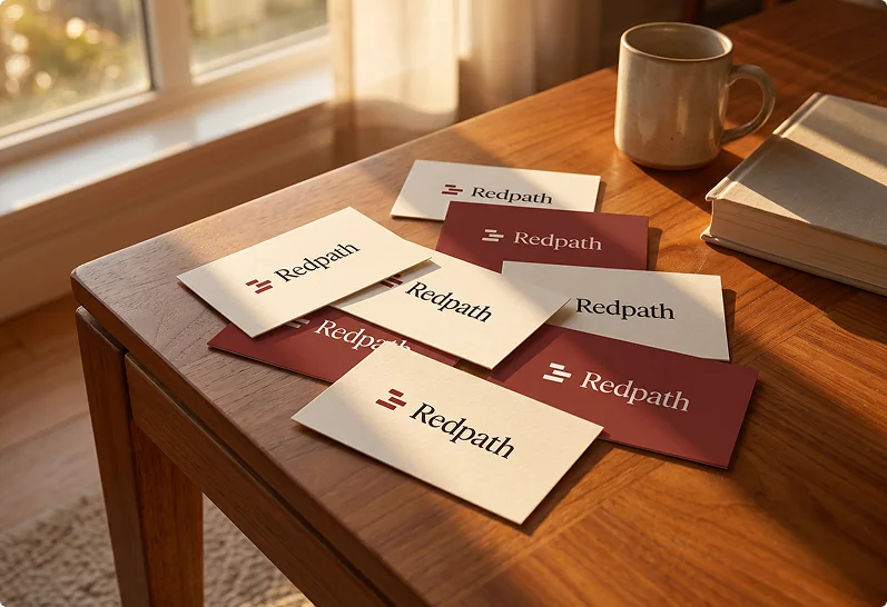 Redpath Consulting Group business cards fanned across a wood table in low afternoon light — cream and deep oxblood stock, each carrying the wordmark and the stacked cairn mark