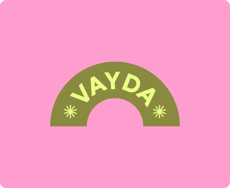 Vayda arch badge — olive arch with acid wordmark on bubblegum pink