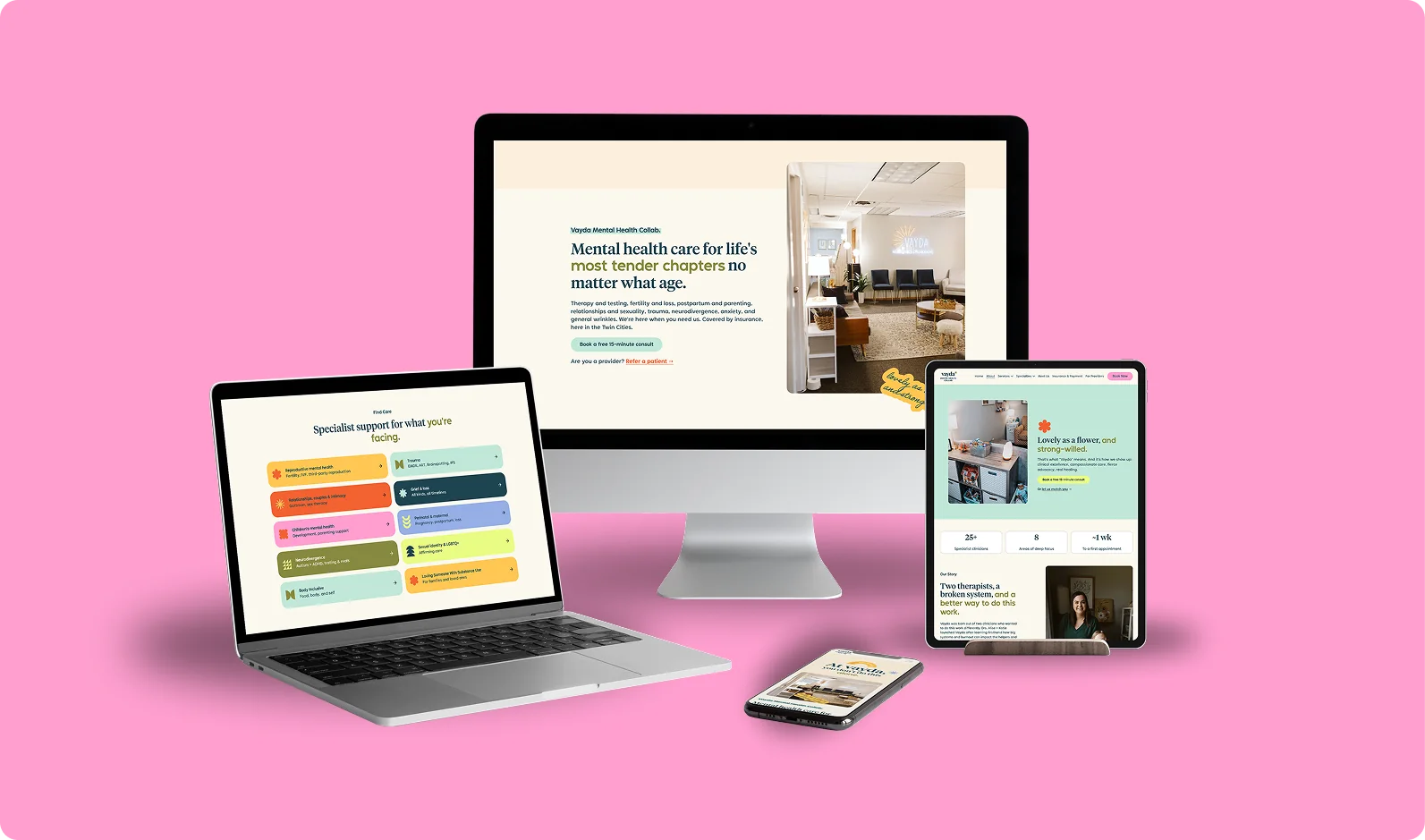 The new vaydamentalhealth.com across desktop, laptop, tablet and phone