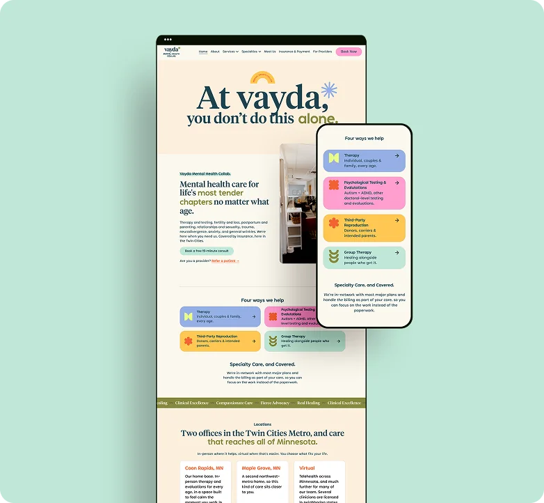 The new Vayda site — full page on desktop with the mobile experience alongside