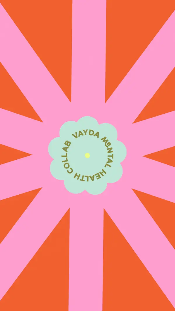 Vayda brand animation — sunburst flower badge in coral and bubblegum