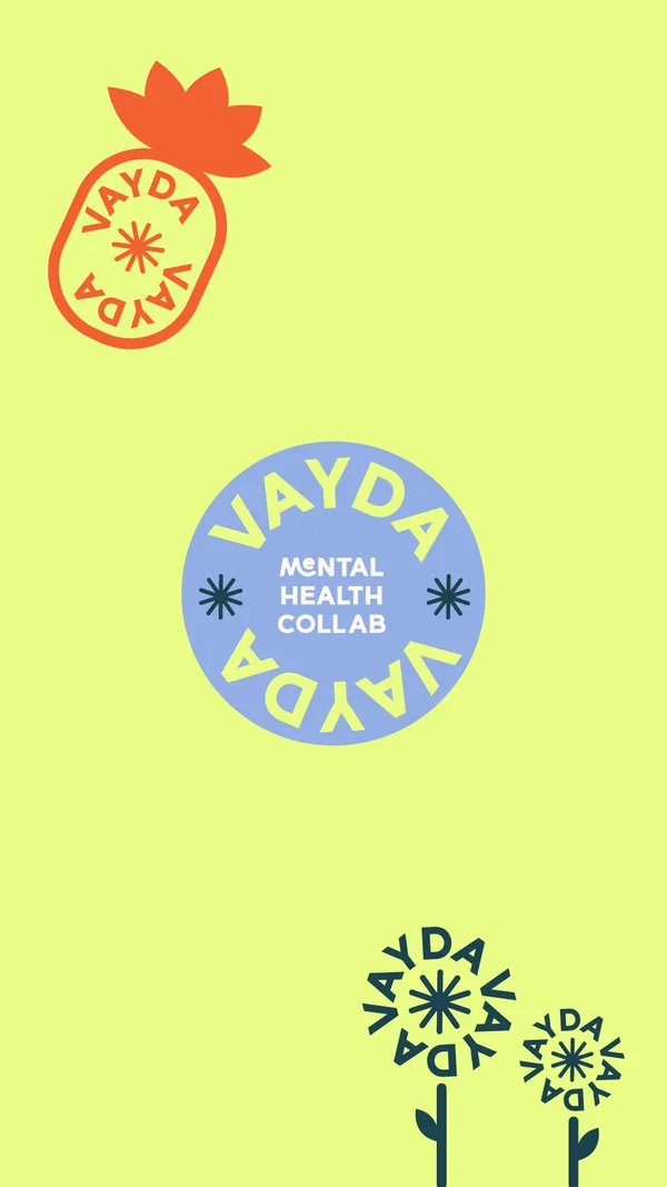 Vayda brand art — pineapple, circular badge and wordmark flowers on lime