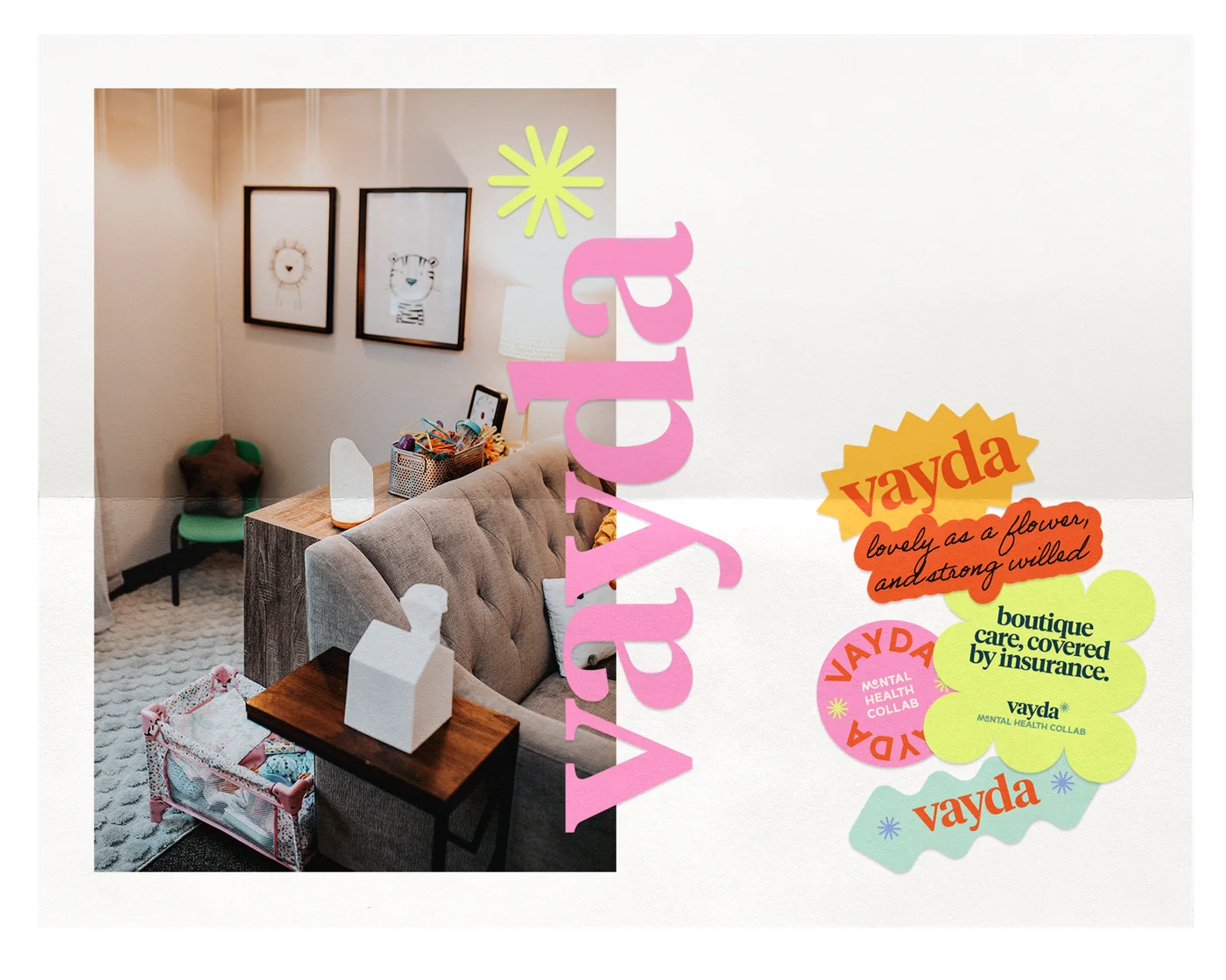 Vayda Mental Health Collaborative — brand poster with waiting room photography and sticker set