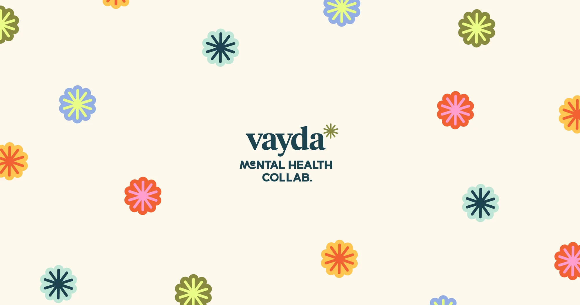 Vayda wordmark surrounded by the full flower and burst icon set on warm cream