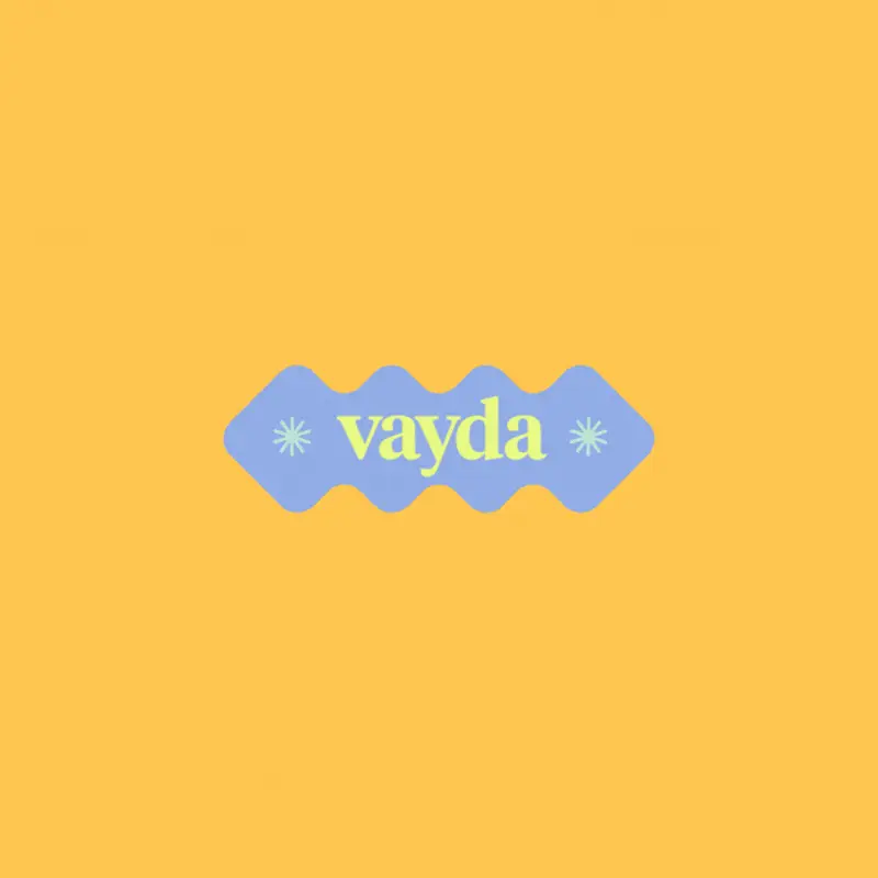 Vayda wavy tag sticker animation in periwinkle and lime on marigold