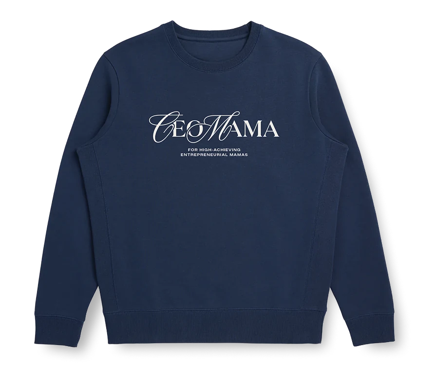 A navy CEO Mama crewneck sweatshirt with the script wordmark printed in white across the chest