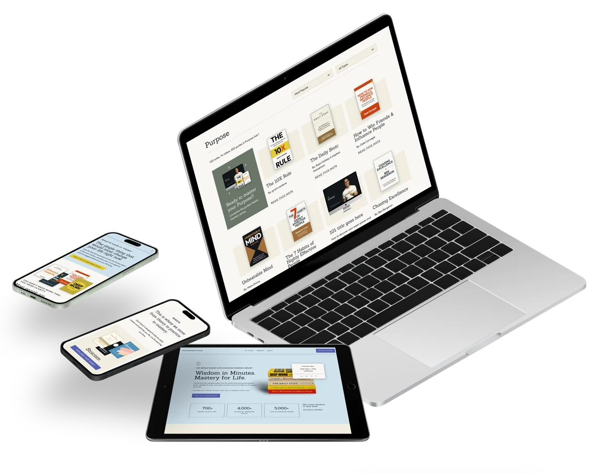 The Philosopher's Notes site and app shown across a laptop, tablet and two phones