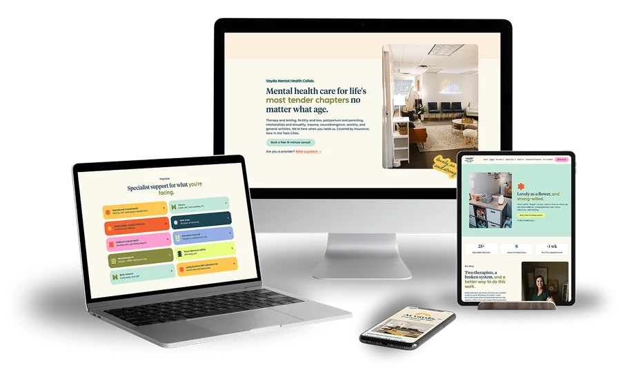 The Vayda site shown across a desktop monitor, laptop, tablet and phone
