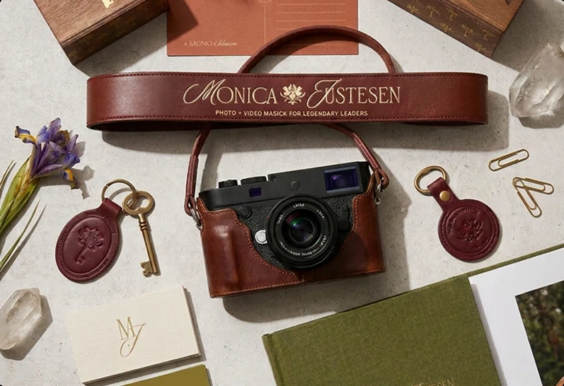 The Monica Justesen brand applied across a debossed leather camera strap, wax-seal keyfobs and letterpress cards